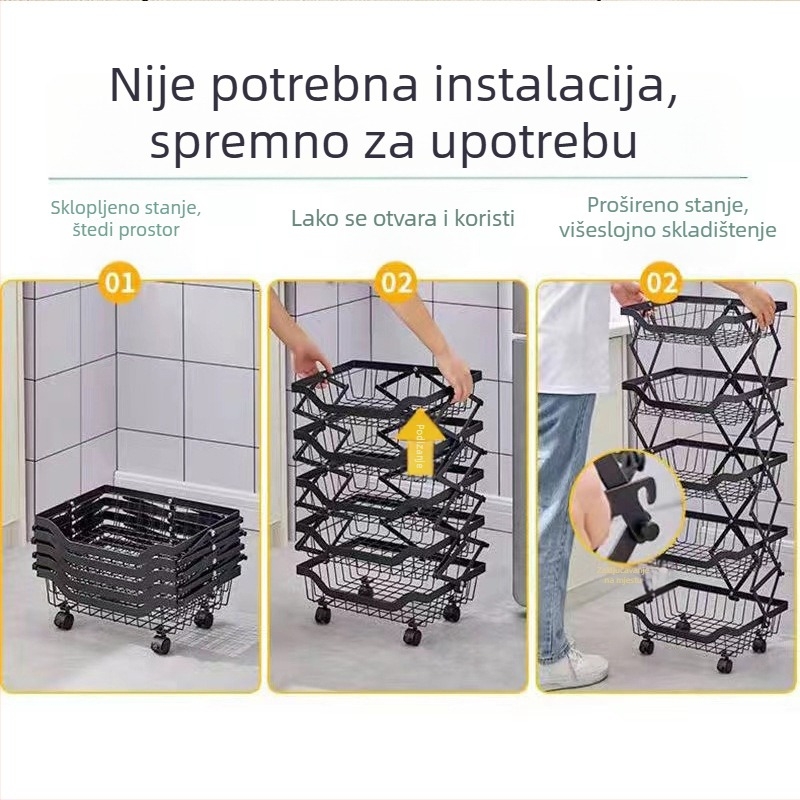 Sklopivi podni okretni višeslojni kuhinjski organizator od crne karbonske čelika za voće, povrće i začine