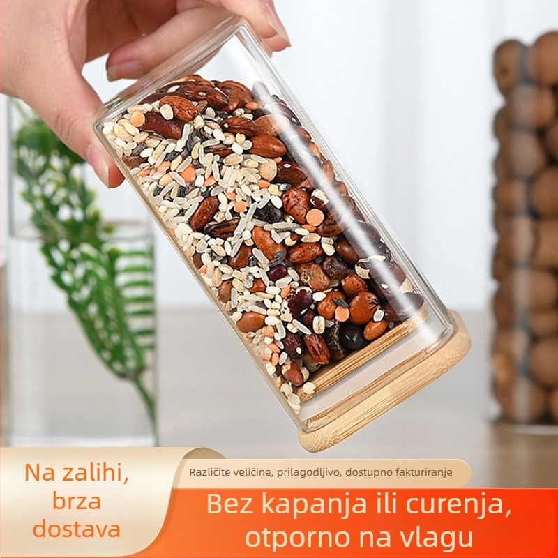 Kvadratna staklena posuda s poklopcem od bambusa, otporna na vlagu, za čuvanje zrna kave i listova čaja.