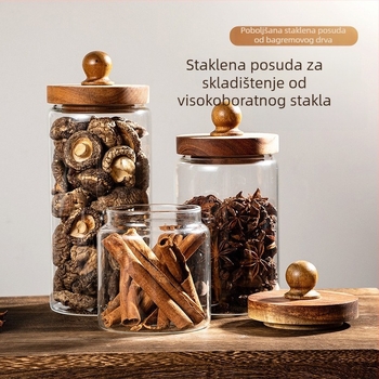 Staklena posuda s kapom od drvenih perlica, otporna na visoke temperature, borosilikatno staklo, za hranu i začine