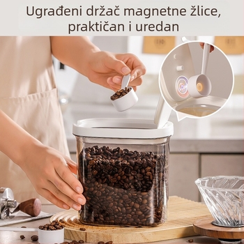 Spremnik za zrna kave s hermetičkim zatvaranjem, jednosmjerni ventil, magnetska viseća žlica, ovalni logotip, kapacitet 1–2 l