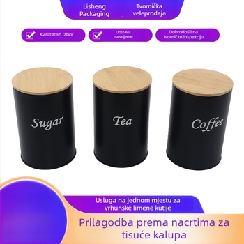 Okrugla metalna kutija s bambusovim poklopcem za čaj, kuhinjsko skladištenje, vodootporna i zapečaćena, pogodno za zrna kave i bombone.