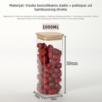 Staklena posuda s poklopcem od bambusa, velika četverokutna staklena posuda za čaj i slatkiše, debelo staklo