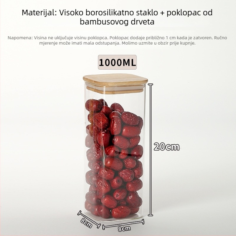 Staklena posuda s poklopcem od bambusa, velika četverokutna staklena posuda za čaj i slatkiše, debelo staklo