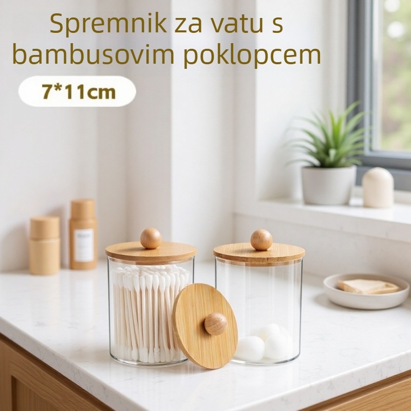 Prozirna kutija za štapiće od pamuka s poklopcem od bambusa, okrugla stolna posuda za pohranu pamukovih štapića, zubna nit i diskovi za uklanjanje šminke