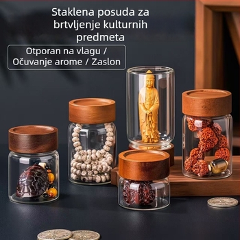 Staklena posuda od visokou borosilikatnog stakla s poklopcem od drveta akacije za pohranu narukvica; hermetičan spremnik za čaj i zrna kave