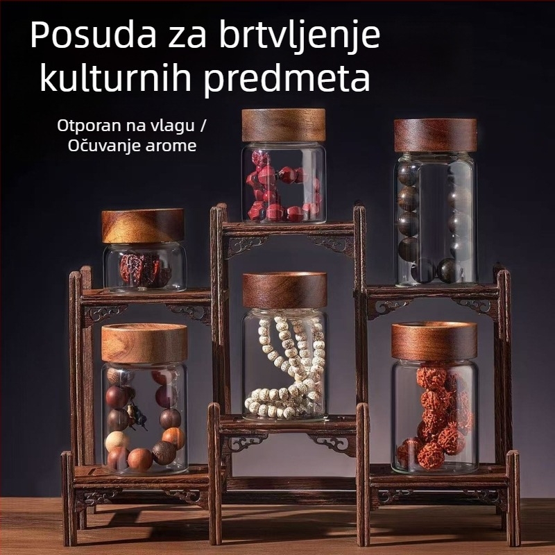 Staklena posuda od visokou borosilikatnog stakla s poklopcem od drveta akacije za pohranu narukvica; hermetičan spremnik za čaj i zrna kave