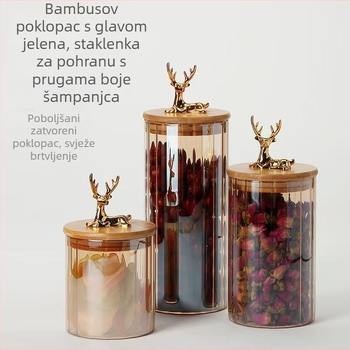 Staklena posuda s vertikalnim prugama, zatvorena, za skladištenje žitarica i grickalica, otporna na vlagu, s drvenim poklopcem u obliku glave jelena
