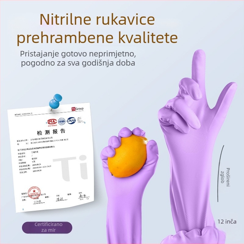 Rukavice od nitrila za kućanstvo — debele, sigurne za hranu, za kuhinju, pranje posuđa i čišćenje; izdržljive; boje: ljubičasta, pudrast ružičasta, perl bijela