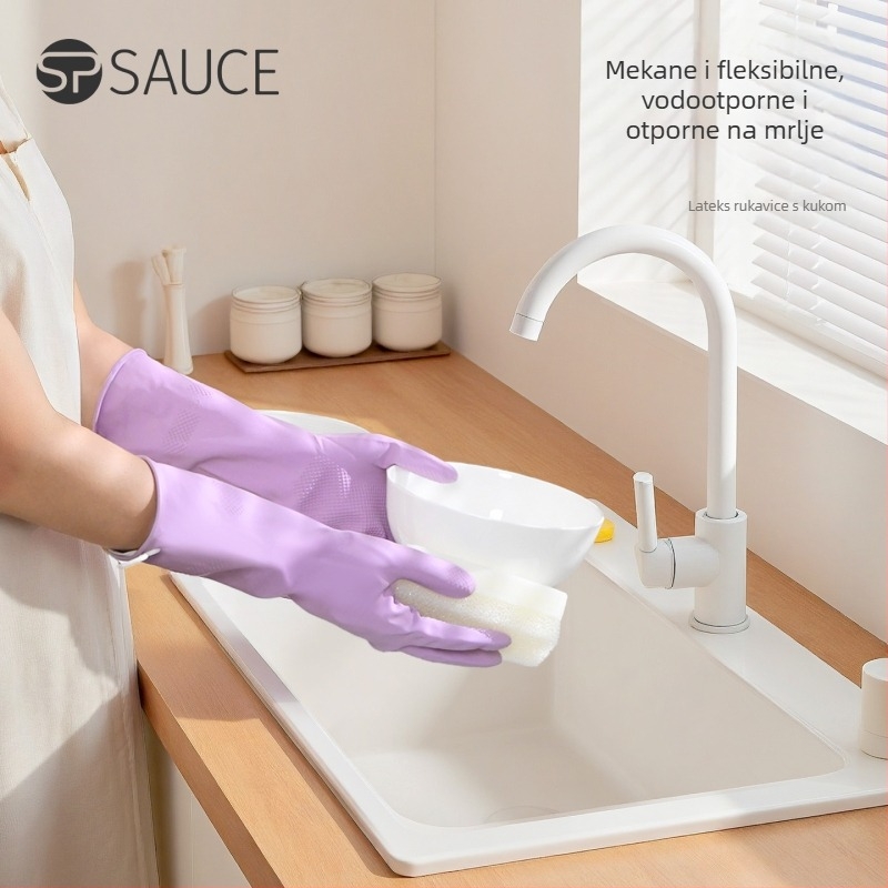 Latex rukavice za kućanstvo, vodonepropusne i izdržljive, duljine 34 cm, pogodne za pranje posuđa, povrća i rublja.
