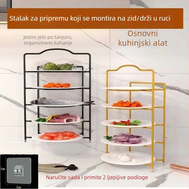 Podni stalak za tanjure i kuhinjske posude, višeslojni stalak za pripremu i pohranu povrća i sastojaka za kuhanje