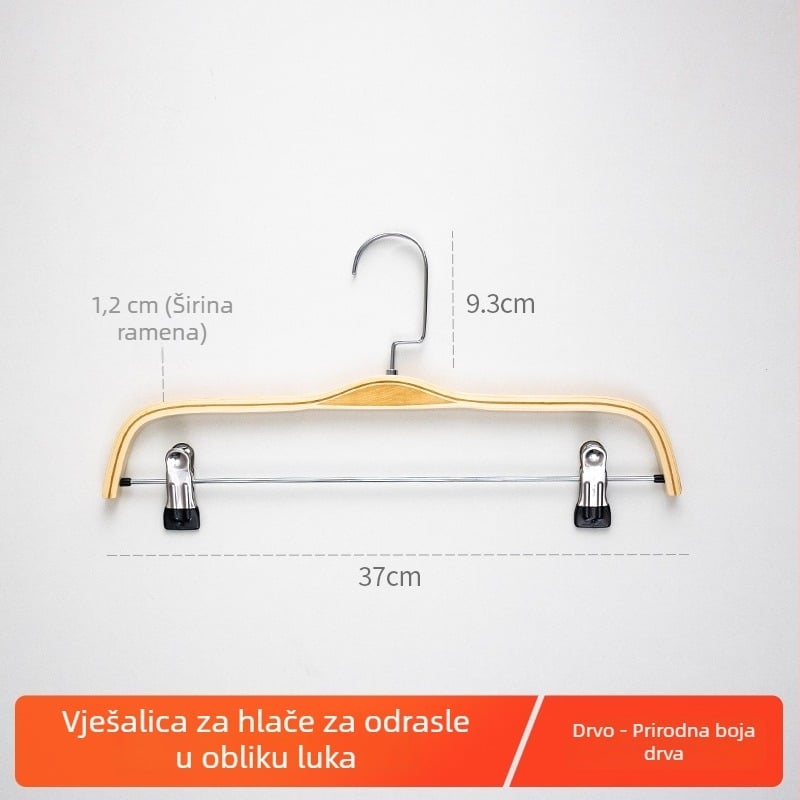 Masivna drvena vješalica za odjeću, ženski model, kratki ravni kukica, gravirani dizajn, protuklizna, za hlače