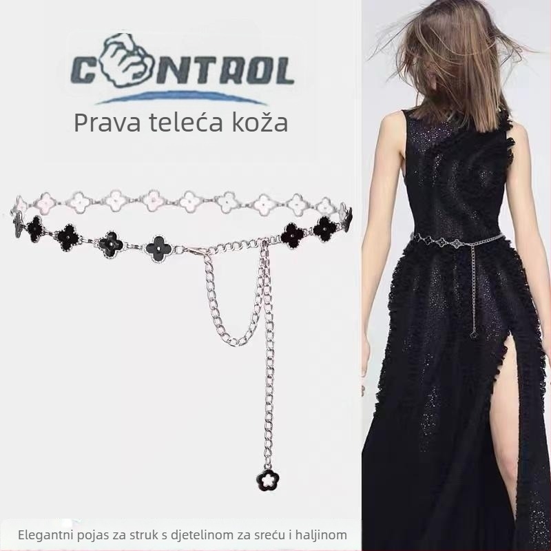 Ženski metalni kaiš za struk s ukrasom četverolistne djetelje, pogodan za haljine i mini suknje, duljina 110 cm, širina 2 cm
