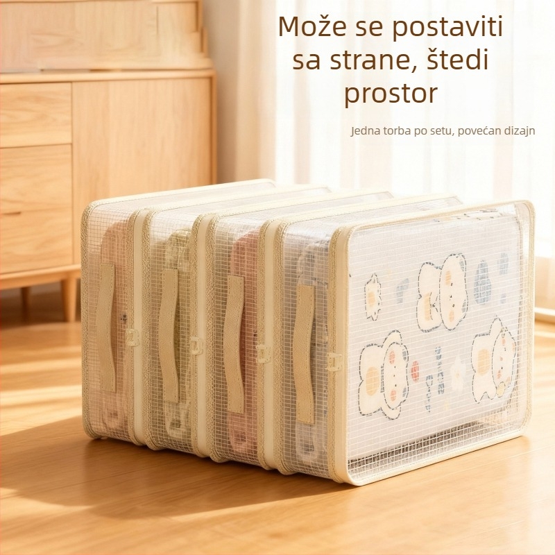 Set od četiri skladišne vrećice, sklopive — za kućnu upotrebu; organizira posteljinu, navlake za jorgan, jorgan i odjeću u garderobi; zaštita od prašine