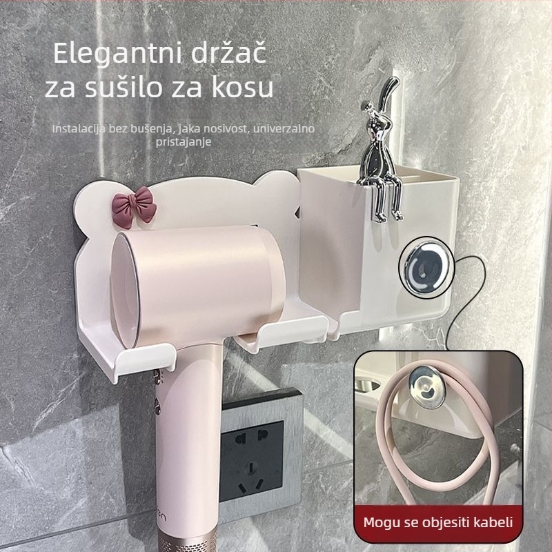 Zidna polica bez bušenja za kupaonicu – držač za sušilo za kosu i skladištenje