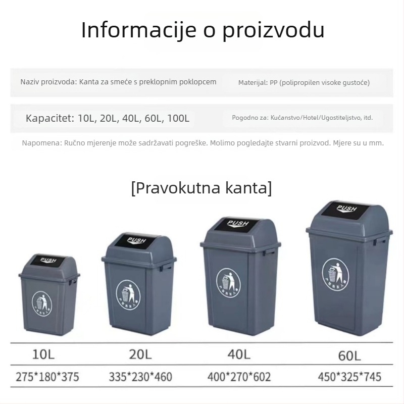 Plastična četvrtasta kanta za otpad s preklopnim poklopcem, unutarnja upotreba, 12 L