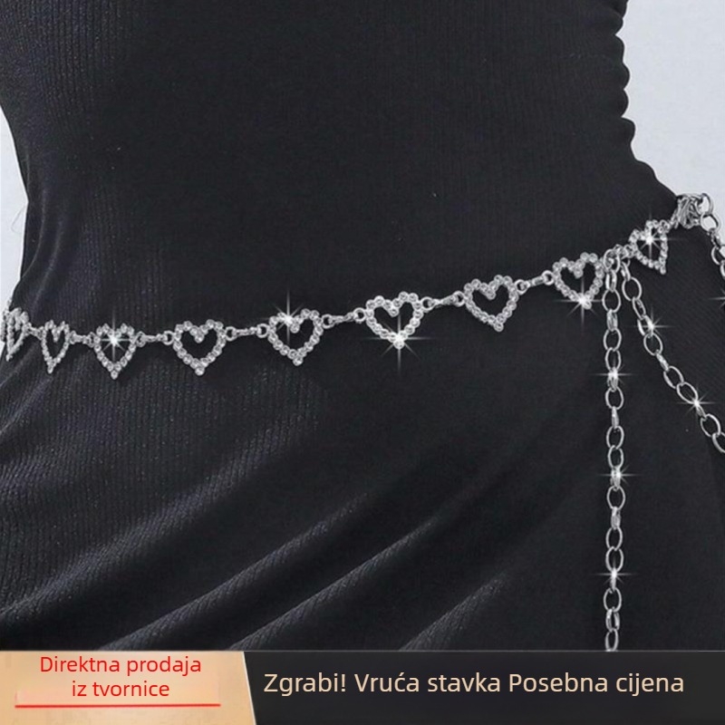 Metalni kaiš za struk sa srcolnim motivom i kristalima – ženski dodatak za haljinu