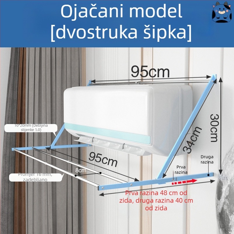 Vješalica za sušenje odjeće na izlazu klima uređaja, bez bušenja, sklopiva s jednom šipkom