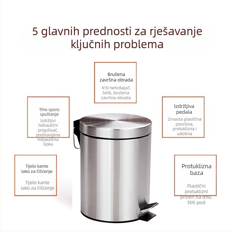 Koš za otpad od nehrđajućeg čelika, s pedalom i poklopcem, 5 L, za dnevni boravak, kuhinju i kupaonu