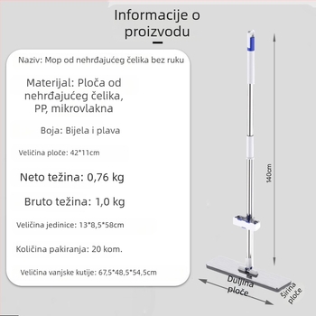 Ploški mop od nehrđajućeg čelika s glavom od mikrovlakana, teleskopska ručka 140 cm, ručno pranje