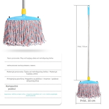 Mop za pod, glava 30 cm, s užetom od šuplje užadi, otporan i upija, drška od nehrđajućeg čelika