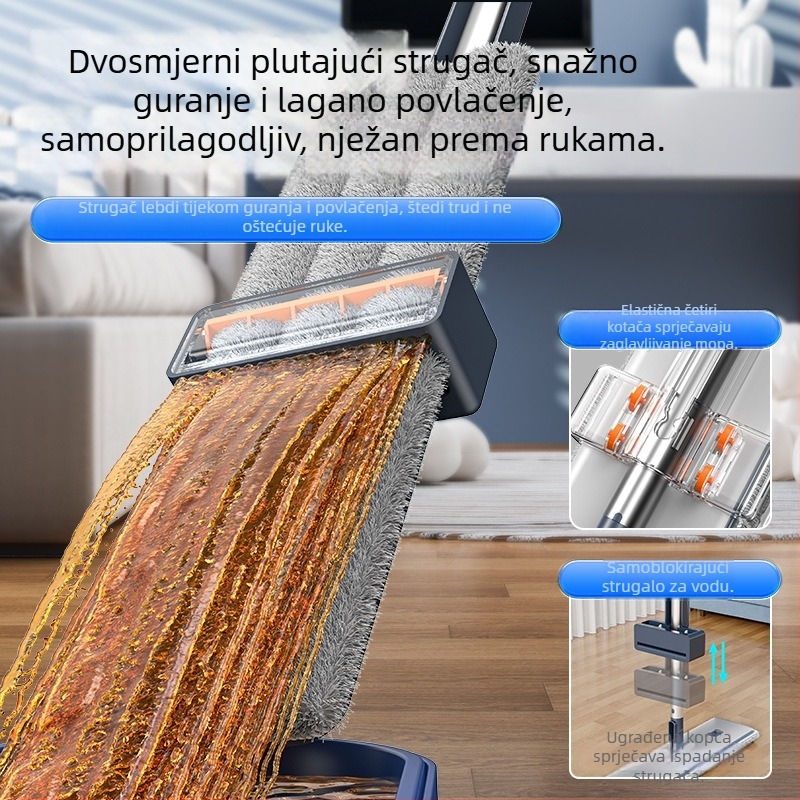 Bezdotični plosnati mop s velikom sklopnom glavom, kanta za čišćenje i zamjenska krpa za mop