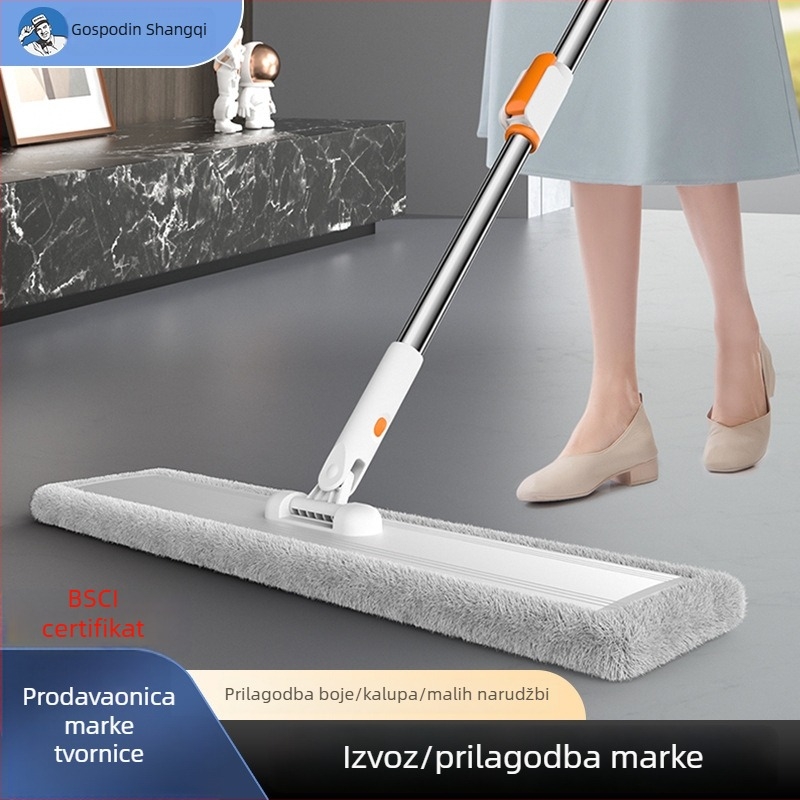 Kućni plosnati mop bez dodirivanja rukama, glava od aluminijske legure, šipka od nehrđajućeg čelika, mikrovlakna, duljina 60 cm