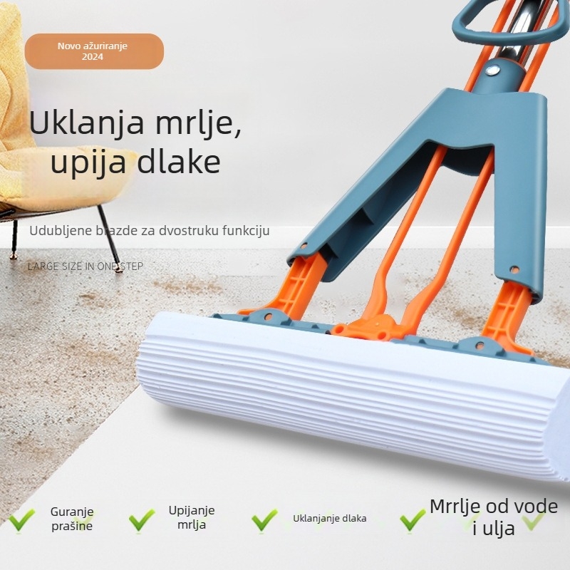 Sklopivi spužvasti mop s mehanizmom za cijedjenje i teleskopskom ručkom duljine 120 cm za čišćenje podova bez dodirivanja