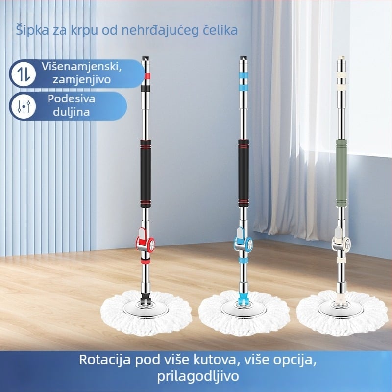 Držač za mop od nehrđajućeg čelika, okretni, univerzalni, teleskop, ručni pogon, produžena debela šipka i glava za mop.