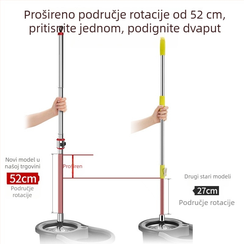 Držač za mop od nehrđajućeg čelika, okretni, univerzalni, teleskop, ručni pogon, produžena debela šipka i glava za mop.