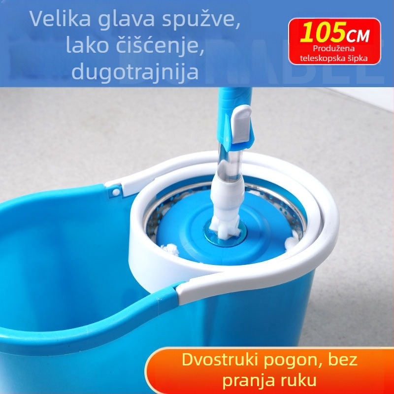 Mop s dvostrukim pogonom za kućnu upotrebu, dvostruka kanta za suho i mokro, rotirajući mop s odvodnim košem od nehrđajućeg čelika