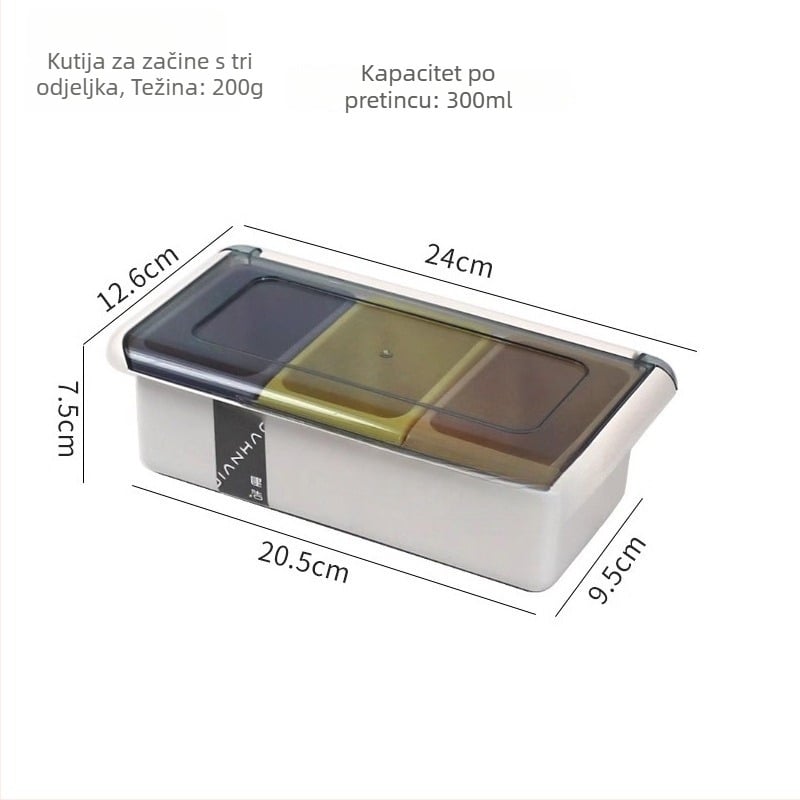 Kutija za začine s poklopcem koji se otvara, tri odjeljka i žličica – plastična kuhinjska kutija za začine