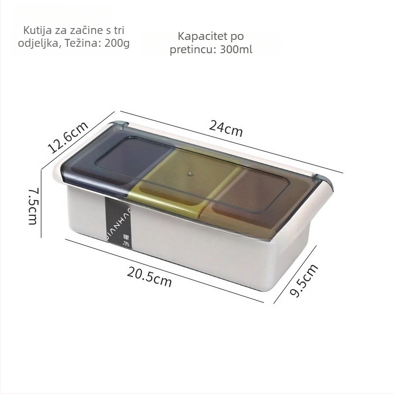 Kutija za začine s poklopcem koji se otvara, tri odjeljka i žličica – plastična kuhinjska kutija za začine