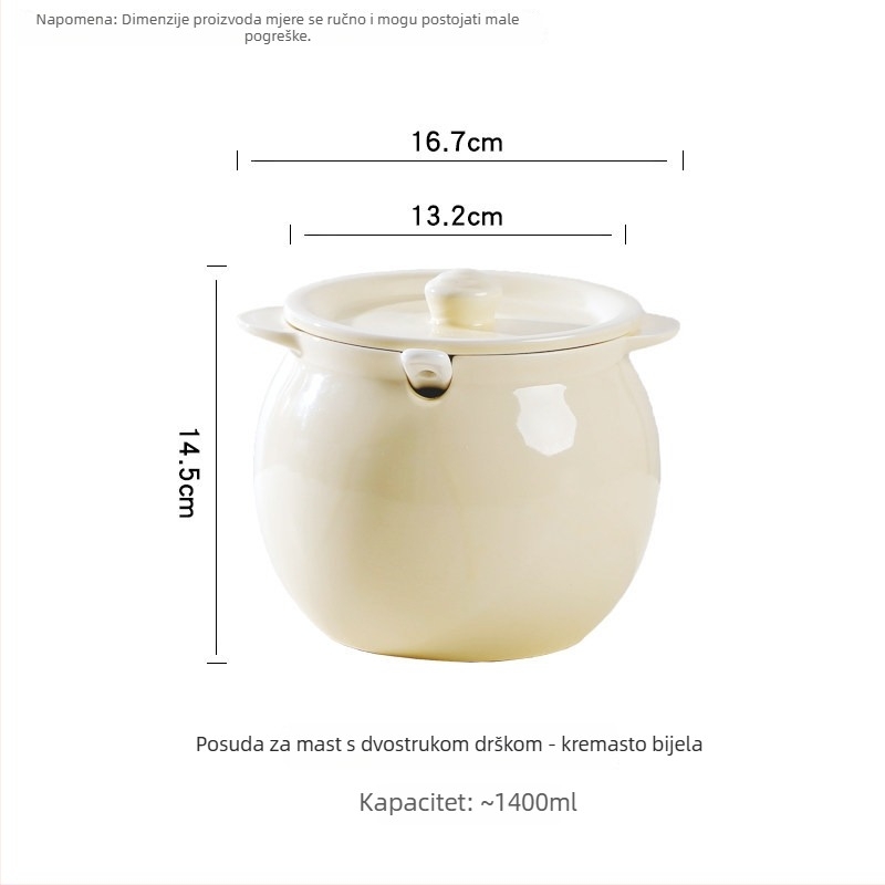 Keramički kuhinjski spremnik za masnoću 1400 ml, s dvije ručke, velik kapacitet, otporan na visoke temperature, spremnik za vruće ulje i začine, uz uključenu malu žlicu
