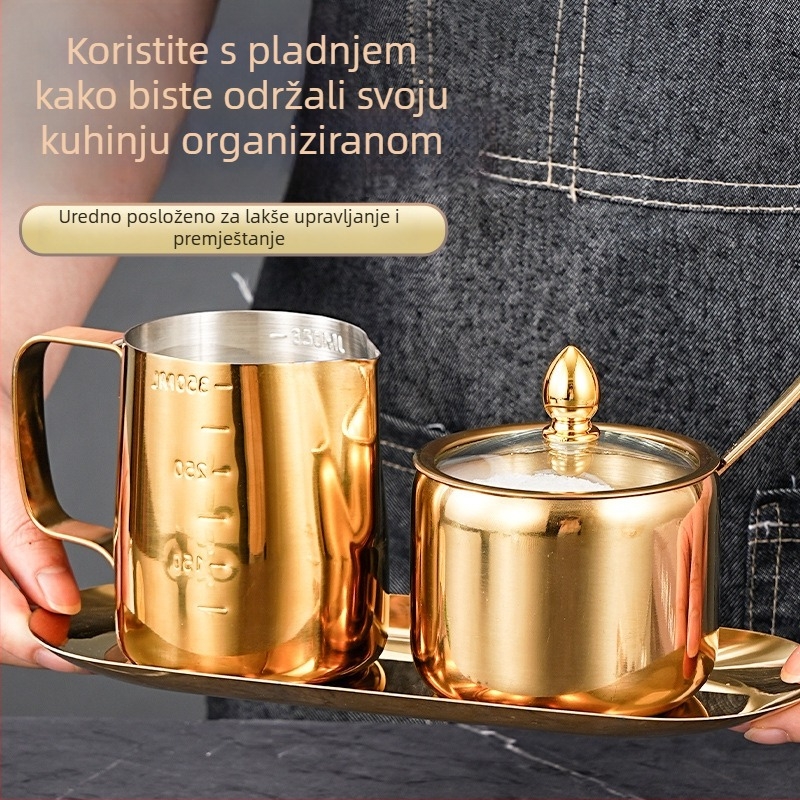 Šalica za latte art od nehrđajućeg čelika s oštrim izljevom, mjernom skalom, osnovom i posudom za začine