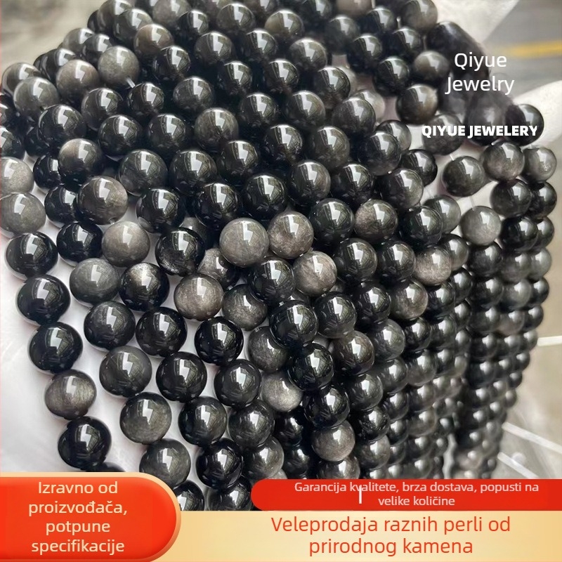 Srebrni obsidijan slobodne perle, prirodni kristal za DIY nakit, okrugle perle za narukvice