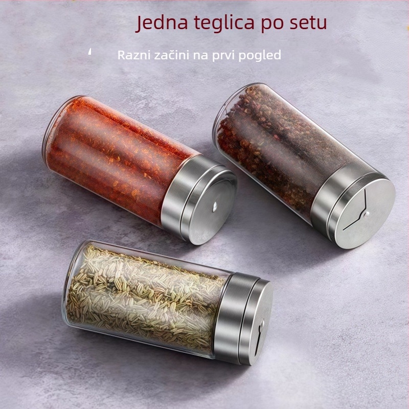 Posuda za začine od borosilikatnog stakla s poklopom od nehrđajućeg čelika, rotirajući perforirani poklopac za papar i kumin