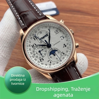Automatski mehanički muški sat iz serije Famous Craftsman — faza mjeseca, kalendar, kožni remen, kućište od nehrđajućeg čelika, promjer 44,5 mm