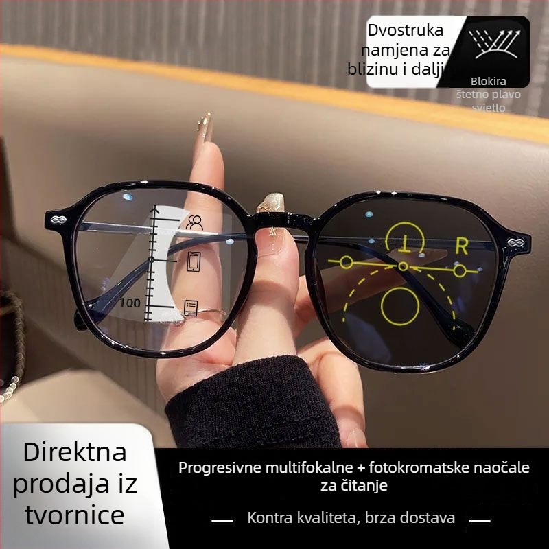 Ženske progresivne naočale za čitanje s velikim okvirom, dvostruka primjena za blizu i daleko, fotokromne leće, zaštita od plave svjetlosti