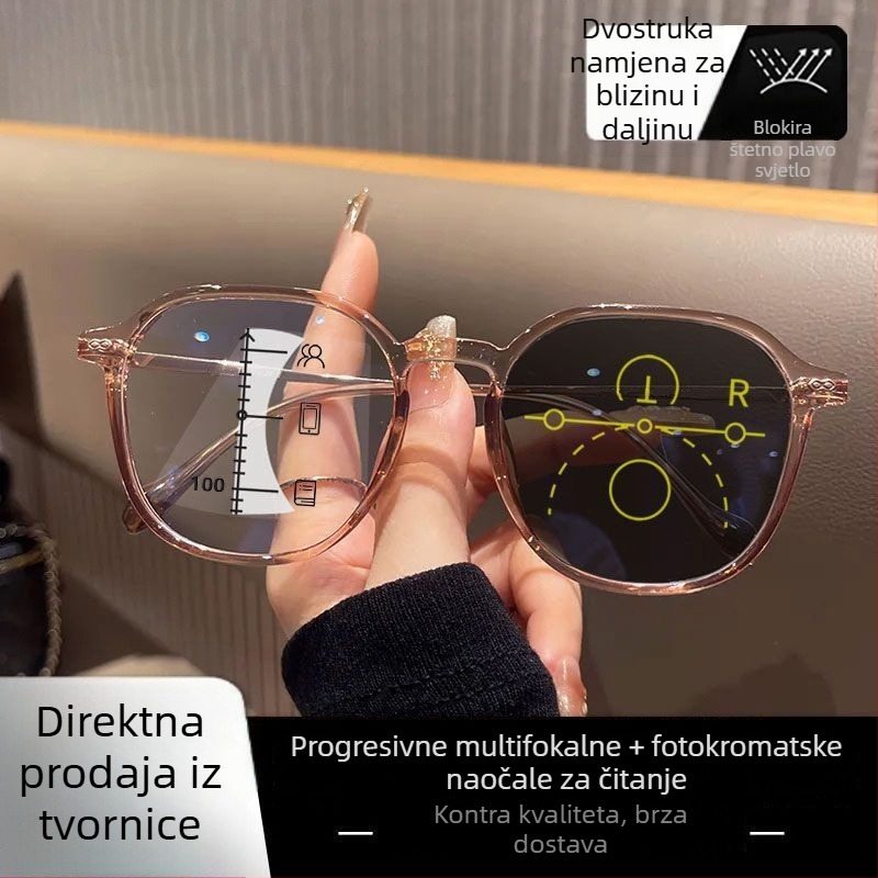 Ženske progresivne naočale za čitanje s velikim okvirom, dvostruka primjena za blizu i daleko, fotokromne leće, zaštita od plave svjetlosti