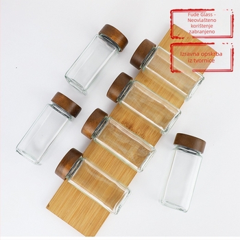 4 oz / 120 ml set kvadratnih staklenih posuda za začine s poklopcem od akacije, 120 ml za kumin i papar