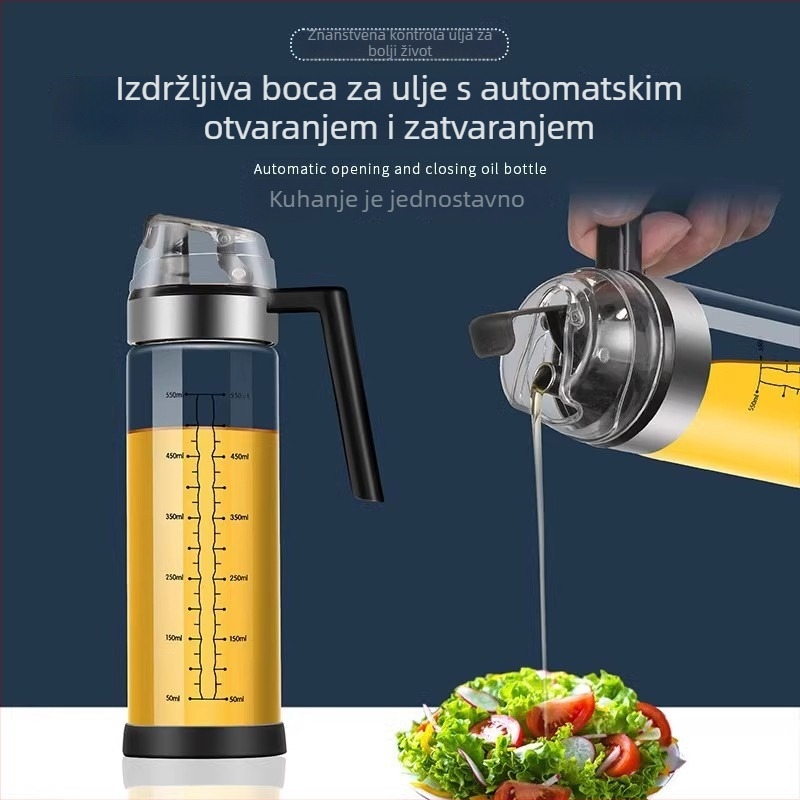 Staklena boca za ulje sa mjernom skalom, kuhinja, automatsko otvaranje i zatvaranje, za sojin umak, ocat i začine, otporna na prolijevanje.