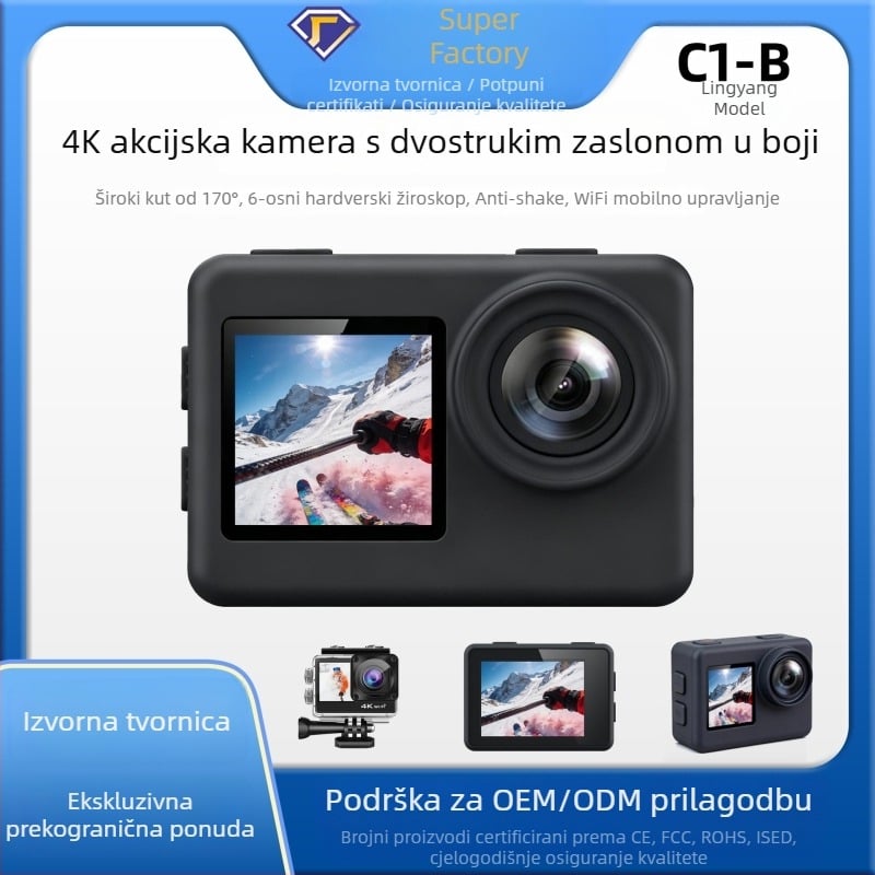 Sportska kamera 4K60fps s dvostrukim zaslonom za vanjsku vožnju biciklom, ronjenje i ribolov — nosiva na glavi, kompaktna HD kamera sa stabilizacijom