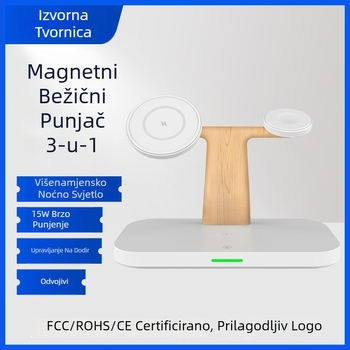 Novi bežični magnetski punjač za telefone — 4 u 1, 15W brzo punjenje, N52 stolni sat i višenamjenska noćna lampica
