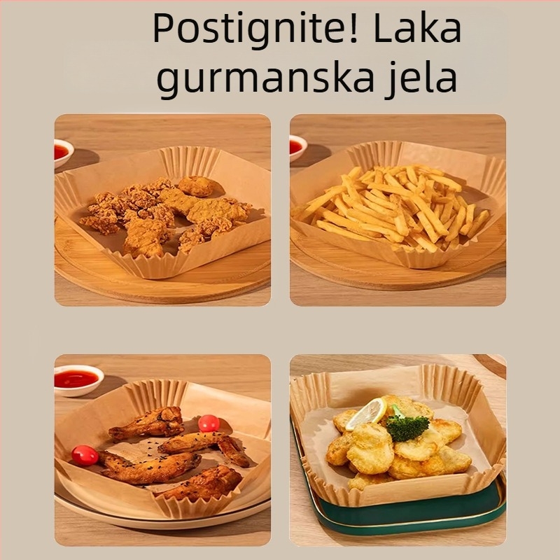 Papir za pečenje za air fryer, kvadratni jednokratni podmetač s dvostrukim silikonskim premazom, otporan na visoke temperature