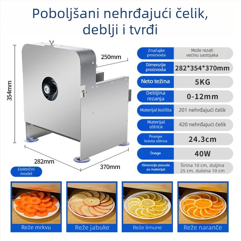 Višenamjenski rezač za voće i povrće od nehrđajućeg čelika, električni i ručni, za limun, krumpire i ostalo povrće.