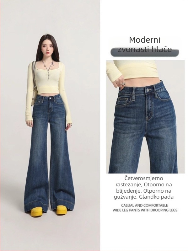 Ženske traperice s visokim strukom, širokim krojem, retro stil, bez elastana, prednji džepovi