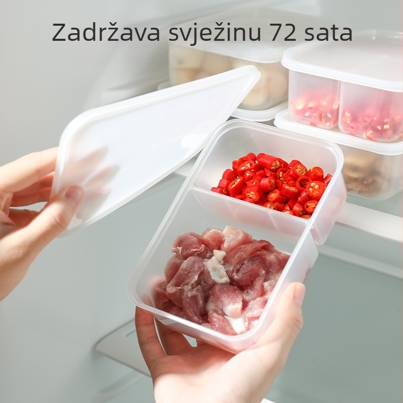 Kutija za čuvanje hrane u hladnjaku s odjeljcima za morsku hranu, smrznuto meso, voće i povrće; odvojeni pretinci za luk, đumbir i češnjak
