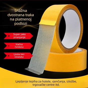Tkaninska dvostrana traka za spojivanje tepiha; snažno ljepilo; bijela ili žuta; širina 5 cm; duljina 5–20 m; za zidove, vjenčanja i sajmove