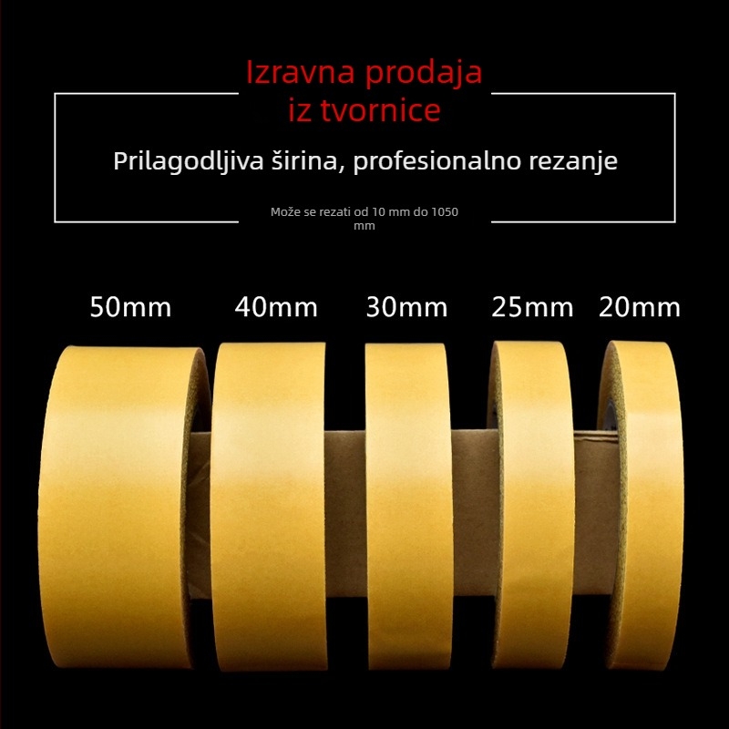 Tkaninska dvostrana traka za spojivanje tepiha; snažno ljepilo; bijela ili žuta; širina 5 cm; duljina 5–20 m; za zidove, vjenčanja i sajmove