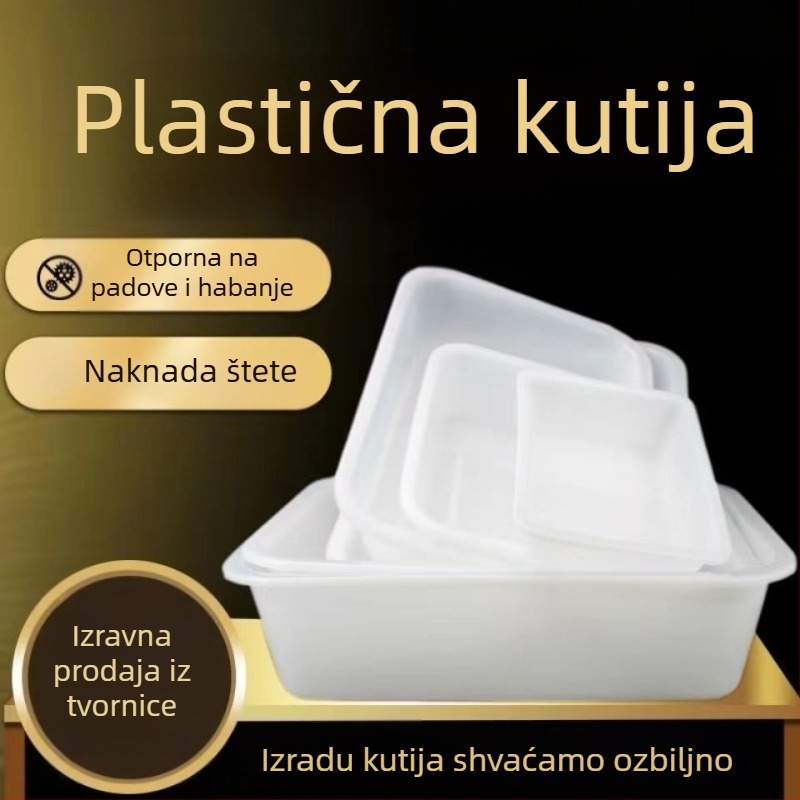 Debela plastična pravokutna kutija bez poklopca, bijela, za pohranu užine i hrane; otporna na zamrzavanje.